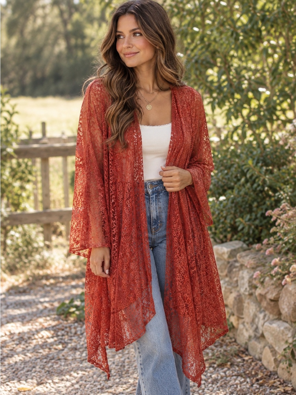 Simply Irresistible Sheer Lace Kimono in Terracotta